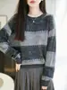 Suéter de Mujer Otoño Invierno Nuevo Cuello Redondo Bloques de Color Rayas Punto Versátil Rayas Lentejuelas Casual Holgado Jersey Manga Larga