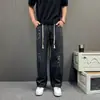 Jeans com Design de Nicho e Manchas de Tinta com Cordão na Cintura, Listras Cinzas, Primavera e Outono, Casual High Street Americano, Calça Reta Solta