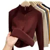 26 Suéter de Punto Nuevo para Mujer Otoño/Invierno con Media Cremallera y Forro de Felpa, Cuello Semi-Alto Cálido, Camisa Base de Hombro Regular