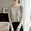 Suéter de punto acanalado de cuello redondo para mujer, comercio exterior transfronterizo, temporada de primavera y otoño, top de manga larga a rayas verticales, corte ajustado