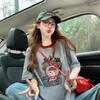 Camiseta de Algodón Puro Estilo Lindo Dibujos Animados Graffiti para Mujer, Combinación de Colores de Alta Gama Cuello Redondo Holgada para Gorditas Talla Grande Top que Cubre la Barriga
