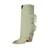 Botas Vaqueras Western con Flecos y Remaches para Mujer Punta Fina Tacón Grueso Efecto Madera Corte en V Retro Hasta la Rodilla Botas de Caballero