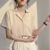 Primavera/Verano 2026 Estilo Universitario Retro Versión Coreana Camisa Profesional de Cuello de Traje Manga Corta para Mujer Top de Color Sólido