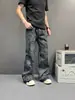 Jeans de Micro-Flare Lavado Desgastado Estilo de Rua Revestido Vibe Retrô Americano Calças Masculinas Largas de Cintura Alta Comprimento Total