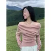 Blusa feminina de malha estilo francês, elegante, rosa, ombro de fora, slim fit, primavera, curta, com forro de alta qualidade, ombro de fora