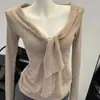 Traje de Camisa Base de Punto de Manga Larga Estilo Coreano para Mujer Otoño Diseño de Cordones en V Nicho Simple Todo Fósforo Top Ins