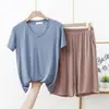 Traje de dos piezas para mujer, verano 2023, nuevo, modal, talla grande, cuello en V, fino, para casa, ropa exterior, casual, color liso