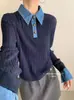 P29 Otoño/Invierno Nuevo Estilo Bloque de Color Cuello Polo Diseño de Patchwork de Mezclilla Versátil Top de Punto Trenzado Adelgazante