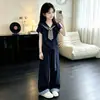 Conjunto de Verano Estilo Academia para Niñas Dopamina Moda Cuello Azul Marino Manga Corta Versátil Delgado Casual Pantalones Dos Piezas