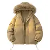 Jaqueta de algodão com capuz e gola grande de pelo para o inverno para casais, jaqueta puffer de corte solto com barra ajustável por cordão, jaqueta de algodão à prova de frio masculina