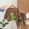 Sudadera de terciopelo para niño con cuello redondo para invierno, estilo nuevo, conjunto de pantalones gruesos para niños y bebés, conjunto de dibujos animados de dinosaurios para niñas