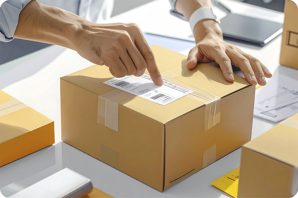 Profissional conferindo a etiqueta de uma embalagem de produto importado da China para verificar a conformidade da rotulagem antes da venda no Brasil.