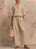 2026 Verano Nuevo Moda Casual Cruzada Europea y Americana para Mujer Suelto Color Sólido Botones Cuello Redondo Pantalones de Pierna Ancha Conjunto para Mujer