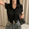 Camisa plissada semi-transparente estilo coreano slim fit para mulheres, peça sobreposta da moda para o verão, top curto que afina a silhueta