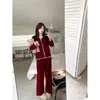 Pijama Cardigan Doce com Renda para Mulheres, Novo Estilo Primavera e Outono, Tamanho Grande Vermelho Quente Roupa de Casa Conjunto de Duas Peças