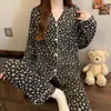 Pijama de Tecido Amassado com Laço Estilo Doce e Luxo Leve Ins para Mulheres Roupa Casual para Casa Conjunto de Manga Longa Venda por Atacado