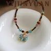 Colar Vintage Exquisito de Elefante com Gotejamento de Óleo e Pedra Olho de Tigre Turquesa para Mulheres, Corrente de Clavícula de Luxo Leve de Nicho Joias de Alta Qualidade