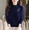 Suéter de Encaje de Cuello Medio Alto para Mujer, Estilo Delgado de Primavera y Otoño, Top Tejido Elegante de Alta Gama con Pedrería, Camisa Básica Holgada de Moda, Moderno