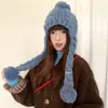 Gorro de Punto Azul Estilo Coreano con Orejeras y Pompón para Mujer, Invierno, Cabeza Grande, Cálido de Lana, Versátil, Resistente al Frío, Tipo Trappeur