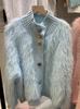 Suéter Estilo Pelúcia Casaco Feminino 2025 Outono e Inverno Novo Solto Gola Alta Abotoamento Simples Tricot Cardigã de Veludo Vison para Mulheres