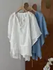 Top único con cordones azul y mangas acampanadas para mujer, camisa de ramio de manga corta con ribete de encaje de verano 023