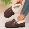 Pantuflas de invierno retro de color liso con hebilla y punta cerrada para mujer, para usar en exteriores, zapatos de algodón afelpado, dropshipping transfronterizo