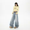 Calças Largas Yc& Retro Americano de Cintura Alta Soltas, Jeans Versátil e Caimento Leve para Outono e Inverno, Calças de Comprimento Estendido para Mulheres