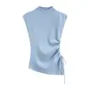 Blusa de Tricô Plissada com Cordão Lateral Estilo Francês Slim-Fit para Mulheres, Camiseta Base Slim-Fit Elástica Modeladora