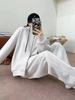 Jimo 2025 Novo Conjunto de Duas Peças para Primavera e Outono com Design de Cor Sólida, Cardigã Feminino de Alta Qualidade e Calça Wide-Leg com Moletom com Capuz