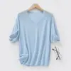 Primavera Verão Amigo da Pele Primeira Linha Seda de Amora Camiseta Feminina Gola Curta Manga Curta Suéter Fino Emagrecedor Lã Roupas Femininas Manga Meia Mão Top