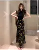 Falda Larga Negra Estampado Floral Cola de Pez para Mujer, Falda Larga Ajustada a la Cadera, Nuevo Estilo Chino Hermoso Conjunto de Principios de Primavera para Usar en Verano