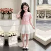 2026 Nueva Moda de Verano Elegante Camiseta de Manga Corta para Niñas Falda de Encaje Dulce Linda Conjunto de Dos Piezas Vestido