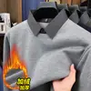Suéter grosso com forro de fleece para outono e inverno, gola de camisa, camisa base de tricô quente para homens de meia-idade, contém lã de ovelha