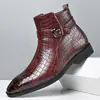 Botas Masculinas Four Seasons com Padrão de Crocodilo, Botas de Cano Curto Business Britânicas com Bico Apontado, Decoração de Fivela Metálica Chelsea Estilo Britânico