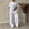 Verano 2026 Nuevo Conjunto de Dos Piezas para Mujer Transfronterizo Amazon Conjunto de Camisa de Algodón Lino Pantalones Sueltos de Cintura Alta
