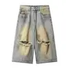 Shorts Jeans Rasgado Lavado Fresco e Estiloso para Homens, Calças de Verão Retas Largas Soltas para Homens, Viagem de Verão