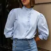 Comercio Exterior Transfronterizo Europeo y Americano Ropa de Mujer Elegante Manga Abullonada Encaje Azul Cuello Alto Plisado Acordeón Camisa Superior con Estilo
