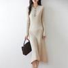 Vestido de Punto Redondo de Lana Pura para Otoño e Invierno Nuevo, Manga Larga para Mujer, Color Sólido, Rayas, Delgado, Delgado, Falda de Longitud Media