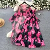 Vestido Estampado Estilo Resort Francés para Mujer, Mangas Tres Cuartos, Ceñido a la Cintura, Conjunto de Dos Piezas Adelgazante, Ropa de Trabajo Elegante de Verano con Perlas