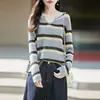 Suéter Fino de Lana para Mujer Otoño/Invierno Nuevo Cuello en V Manga Larga Hueco Bloque de Color Rayas Capa Base Holgado Delgado