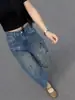 Jeans largos estilo retro americano com grafite para mulheres, novo modelo de verão 2026, calça reta casual solta cropped