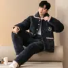 Pijama de coralina de invierno para hombre, tres capas de algodón acolchado con forro polar de franela, traje cálido para el hogar de otoño e invierno