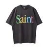 Camiseta Estampada com Letras Empilhadas Doodles Vintage Antigos de São Miguel Cho Manga Curta Top Preto
