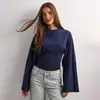 Moda feminina europeia e americana: Novo top Amazon liso, gola redonda, ombro normal, design casual, manga larga, acinturado, sexy, manga longa