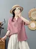 Camisa de Algodón Puro Bordada con Flores, Nueva de Verano 2026 para Mujer, Corte Holgado, Artística, Versátil, Camisa Casual de Manga Media