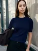 Camiseta de malha de manga curta transfronteiriça, novo estilo de verão europeu e americano 2026, simples e elegante, ombro normal, gola redonda, malha de manga curta slim-fit