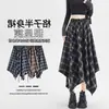 Roupa Feminina Saia Xadrez Irregular 2026 Outono Vintage Xadrez Cintura Elástica Emagrecedora Comprimento Médio Saia Evasê