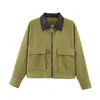 2026 Nueva Chaqueta de Pana con Retazos y Cuello de Cuero de Moda Casual para Mujer Estilo Europeo y Americano para Comercio Transfronterizo