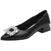 Zapatos de Tacón Alto Planos Franceses con Pedrería, Hebilla Cuadrada Suave, Dedo Puntiagudo, Negros, Profesionales, para Viajar, de Cuero para Mujer, Novedad Verano 2025