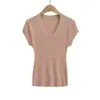 Verano 2026 Nuevo Estilo Americano Chica Picante Color Sólido Ajustado Corto Top de Punto Camiseta de Manga Corta Hueca con Cuello en U para Mujer